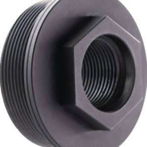 Black plastic threaded pipe fitting with external threads and a hexagonal inner bore.
