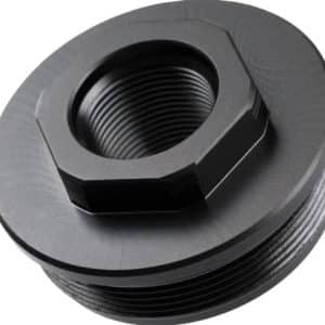 Black metal threaded pipe adapter with a hex nut-like outer ring and internal threads, designed to connect two threaded sections