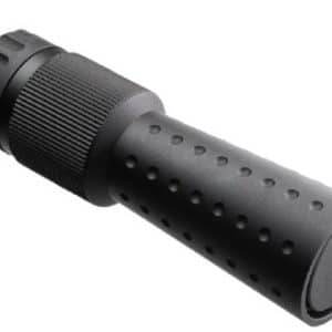 Black cylindrical firearm suppressor with a knurled rear cap and perforated body, shown at an angle