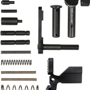 Assorted black metal hardware parts arranged on a white background, including springs, pins, bolts, bushings, and a mounting bracket.