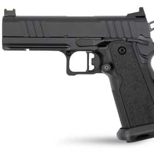 Left-side profile of a modern black semi-automatic pistol with textured grip and rail on a white background.