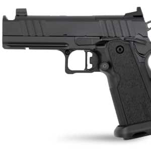 Side view of a black semi-automatic pistol with a textured grip and visible sights, photographed at a slight angle.