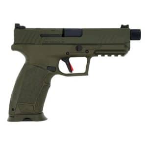 Olive green semi-automatic pistol shown in profile view with textured grip and red trigger safety.