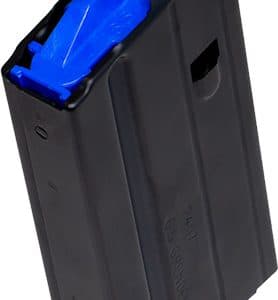 Black detachable firearm magazine with a blue follower, shown at an angled side view.