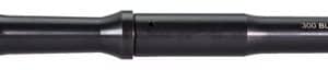 Black rifle scope with adjustment dials, laid horizontally on a white background.