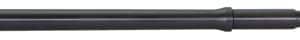Long black rifle barrel with muzzle brake at the left end on a light background