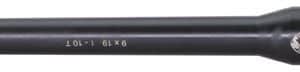 Close-up of a long black firearm barrel with threading at the left end and a logo near the right end, likely a barrel extension or suppressor component
