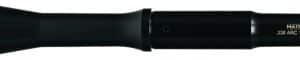 Black telescopic rifle scope with adjustable knobs and brand label along the tube, shown from the side on a rifle.