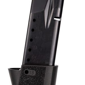 Black firearm magazine with blue follower visible at the top and textured base plate, angled to the side.