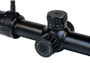 Rifle scope with elevation and windage turrets, branded Lucid Optics, shown with a long tubular body and lens ends.