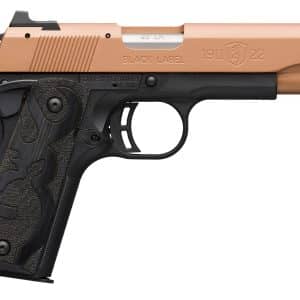 Side view of a semi-automatic pistol with a tan slide and black grip, showing trigger guard and sights, chamber marked .22 LR.
