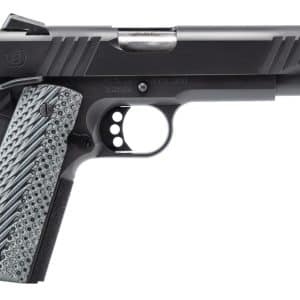 Side view of a black semi-automatic pistol with a textured gray grip, shown in profile.