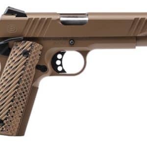 Desert tan semi-automatic pistol with a textured grip and black trigger, shown from the left side.