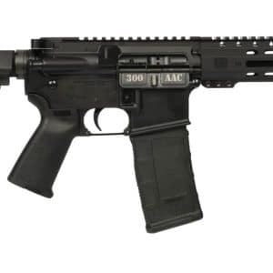 Black AR-style rifle with collapsible stock, pistol grip, 30-round magazine, and a long free-float handguard.