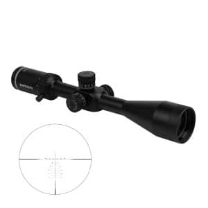 Black riflescope with adjustment turrets, shown at an angle; inset shows a crosshair reticle viewed through the scope's optics.