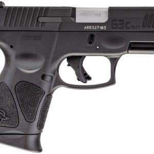 Side view of a black semi-automatic pistol featuring a textured grip and visible slide serrations.