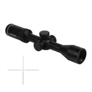 Black riflescope with adjustment knobs and large objective lens, angled across a white background with a crosshair graphic in the bottom-left corner.