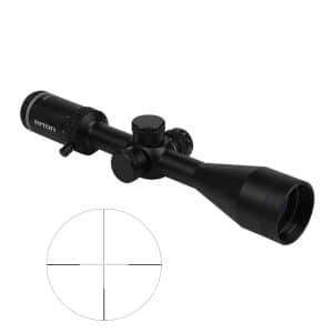 Black Riton riflescope with adjustment turrets and eyepiece, shown with a circular crosshair reticle diagram separate from the scope.