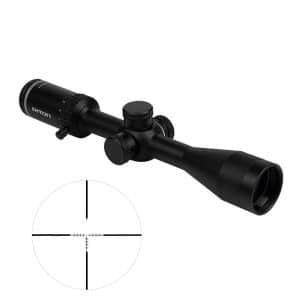 Black rifle scope with adjustable turrets and a long eyepiece, plus an inset showing a crosshair reticle for precise aiming.