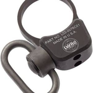 Black locking carabiner with a circular steel ring and compact rectangular body, used to secure gear or items.