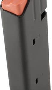 Gray pistol magazine with an orange follower visible at the top, shown from the side.