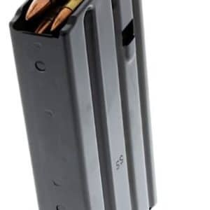 Loaded handgun magazine with two visible rifle/pistol rounds at the top, gray steel body, viewed from an angle