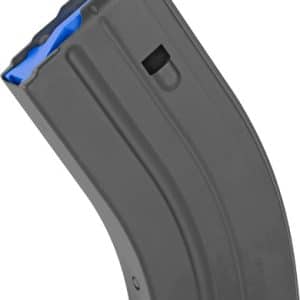 Curved gray firearm magazine with a blue follower visible at the top.