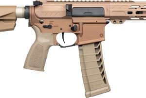 Tan AR-style rifle with adjustable stock, pistol grip, quad rails, and a detachable magazine.