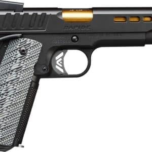 Side view of a black semi-automatic pistol with a textured gray grip, gold-toned chamber area, and accessory rails.