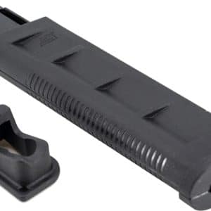 Black handgun magazine with a detachable base plate/loader accessory beside it on a white background.