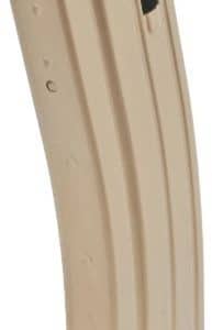 Beige handgun magazine with feed lips at the top, shown vertical.