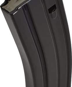 Black curved rifle-style magazine for ammunition, with feed lips at the top and a smooth base plate visible on the side.