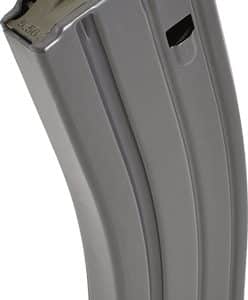 Aluminum AR-15 style rifle magazine, curved with feed lips at the top (roughly 30 rounds).