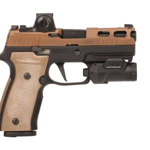 Tan-and-black semi-automatic pistol with a mounted red-dot sight and a tactical under-barrel flashlight, shown from the right side with a textured grip and sights visible.