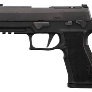 Side view of a black SIG Sauer P320 semi-automatic pistol with a textured grip and accessory rail on the underbarrel.