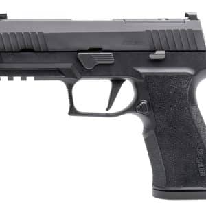 Side profile of a black Sig Sauer P320 semi-automatic pistol with a textured grip and rail.