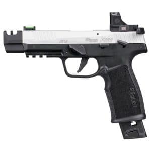 Silver-and-black Sig Sauer P322 semi-automatic handgun with a red-dot sight and an extended magazine base inserted in the grip.