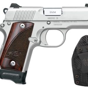 Kimber Micro 9 9mm pistol with wooden grip, shown with a carbon-fiber holster and a side magazine.