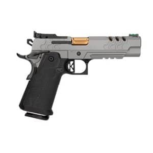 Side profile of a semi-automatic pistol with a gray slide and black grip