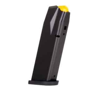 Black handgun magazine with a yellow follower, standing upright in a small base.