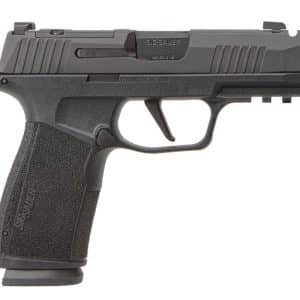 Semiautomatic handgun with textured grip, trigger guard, and rail on the frame shown in profile