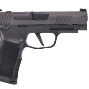 Left-side profile of a gray semi-automatic pistol with a textured grip and trigger guard, shown against a white background.
