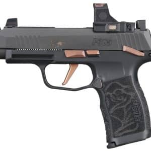 Side view of a gray and bronze semi-automatic handgun with textured grip and rose-gold accents on controls and trigger.