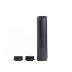 Tall black cylindrical device standing upright with a knurled top; two circular threaded caps sit on the ground in front against a white background.
