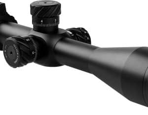 Black RitOn rifle scope with adjustable turrets and a large objective lens, angled to show the eyepiece and adjustment dials.