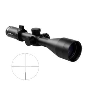 Black riflescope with a large front lens and adjustment knobs; lower-left shows a circular crosshair reticle diagram.