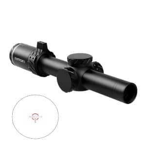 Black rifle scope with adjustable turrets and large objective lens; inset shows a red aiming reticle inside the lens circle.