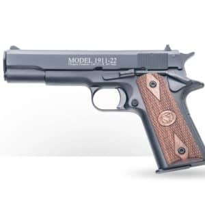 Side view of a gray semi-automatic pistol with brown textured grip marked 'MODEL 1911-22'