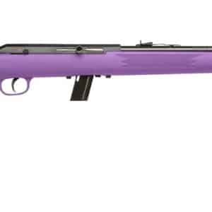 Purple bolt-action rifle with a black barrel and purple synthetic stock, shown in profile.