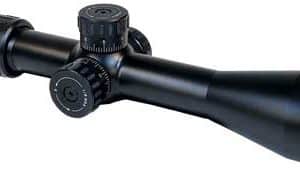 Black rifle scope with elevation and windage adjustment turrets and a large objective lens, shown in side view.